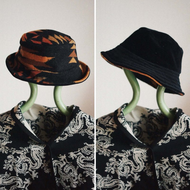 復古印第安納瓦霍風格 燈芯絨雙面 冬季漁夫帽 進口羊毛料 - 帽子 - 羊毛 咖啡色