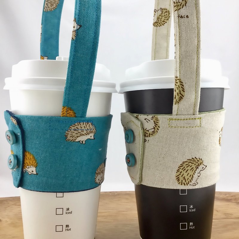 Meng Meng hedgehog --- drink cup cover / bring - couple Madji into a group / button models - Beverage Holders & Bags - Cotton & Hemp 