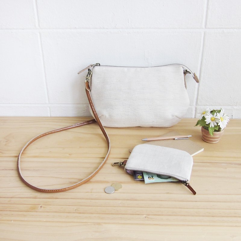 Goody Bag / A set of Cross-body Mini Curve Bag with Coin Bag in Natural Color Cotton - 側背包/斜背包 - 棉．麻 白色
