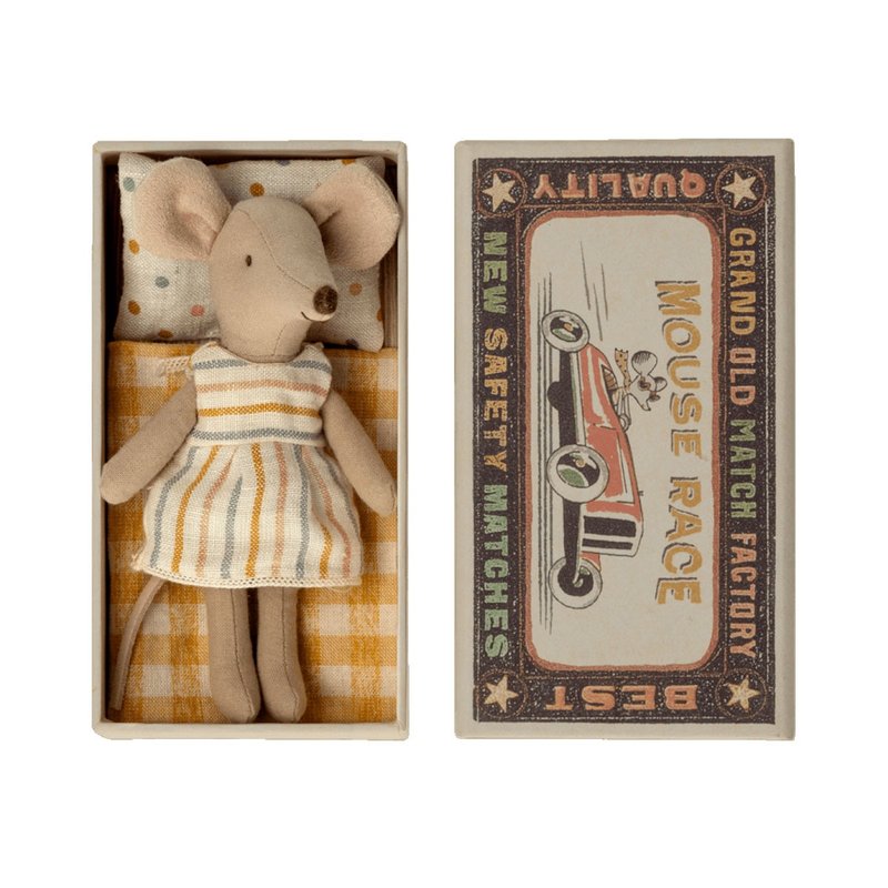 Maileg Big Sister Mouse in a Box, Spring Striped Dress - Stuffed Dolls & Figurines - Cotton & Hemp White