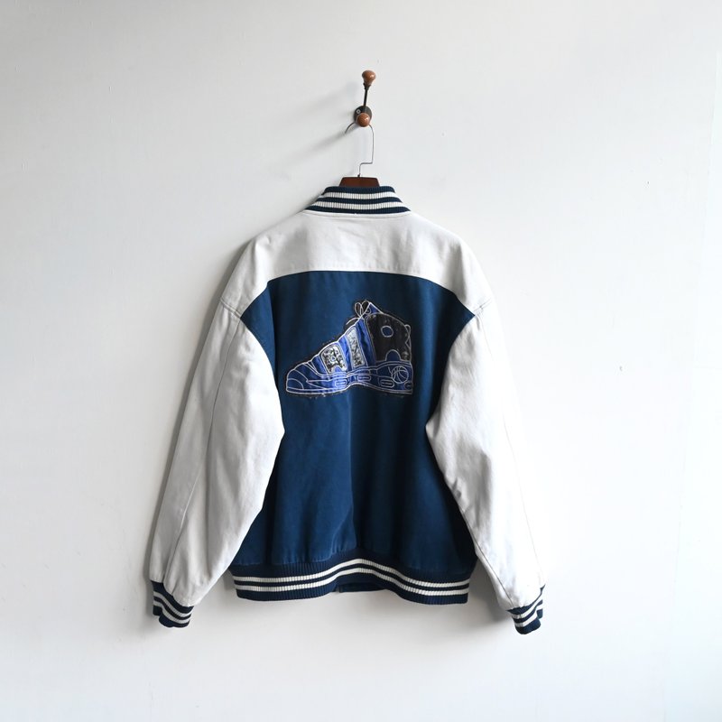 [Egg Plant Vintage] Sports Color Block Denim Vintage Jacket Baseball Jacket - เสื้อแจ็คเก็ต - ผ้าฝ้าย/ผ้าลินิน สีน้ำเงิน