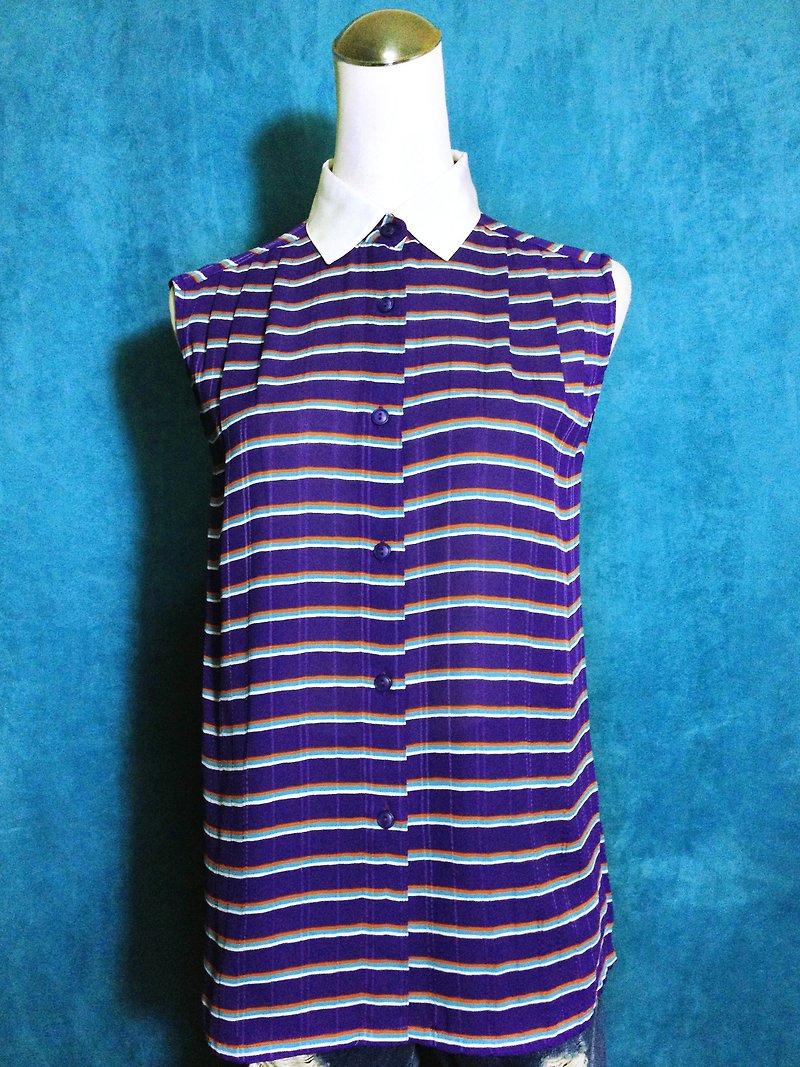Pong Vintage [vintage shirt / white-striped textured sleeveless shirt vintage] brought foreign VINTAGE - เสื้อเชิ้ตผู้หญิง - เส้นใยสังเคราะห์ สีม่วง