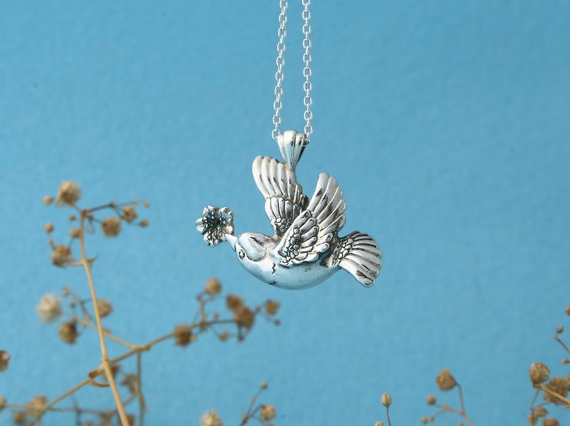 My Sweetie - Spring bird with cherry blossom - Necklaces - Other Metals White
