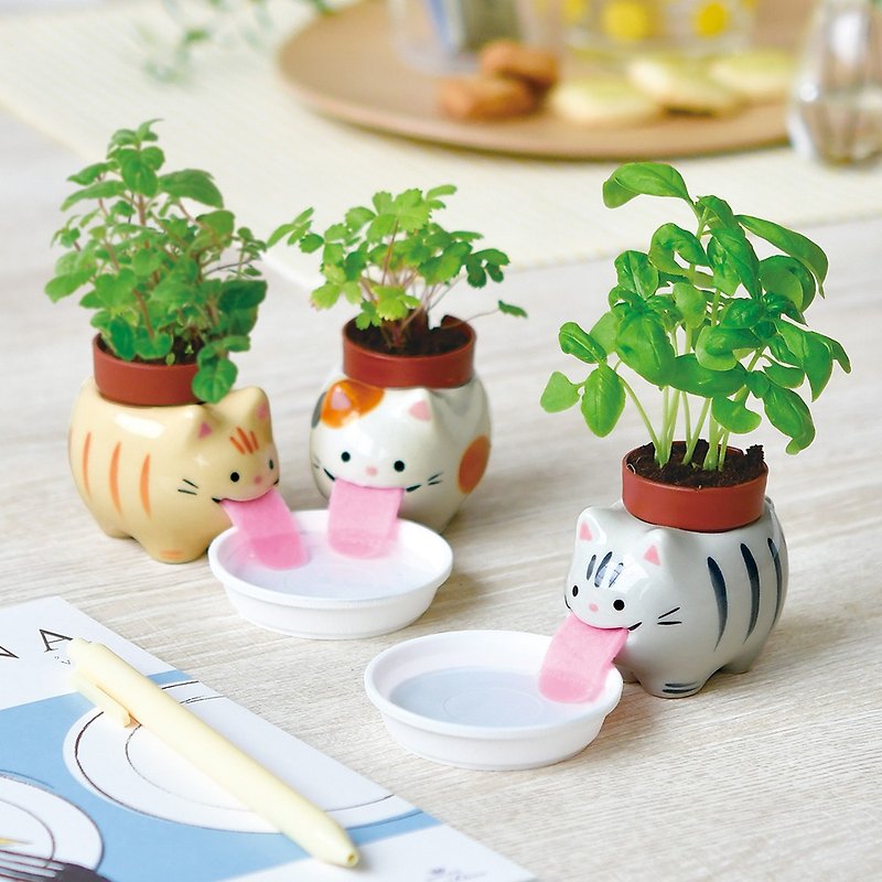Peropon's new version of tongue-out animal automatic water-absorbing planting group cat collection - ตกแต่งต้นไม้ - ดินเผา สีนำ้ตาล