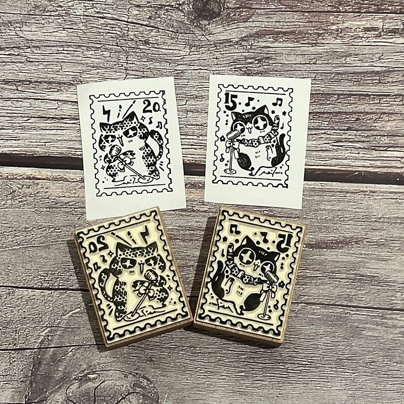 貓咪主打歌-郵票櫸木橡皮印章(兩款) - 印章/印台 - 木頭 黑色