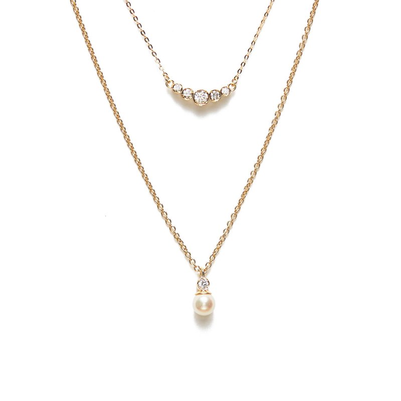 層次雙鍊 925銀厚鍍18K金 Joyeux Diamond Pearl Necklace Set - 項鍊 - 純銀 金色