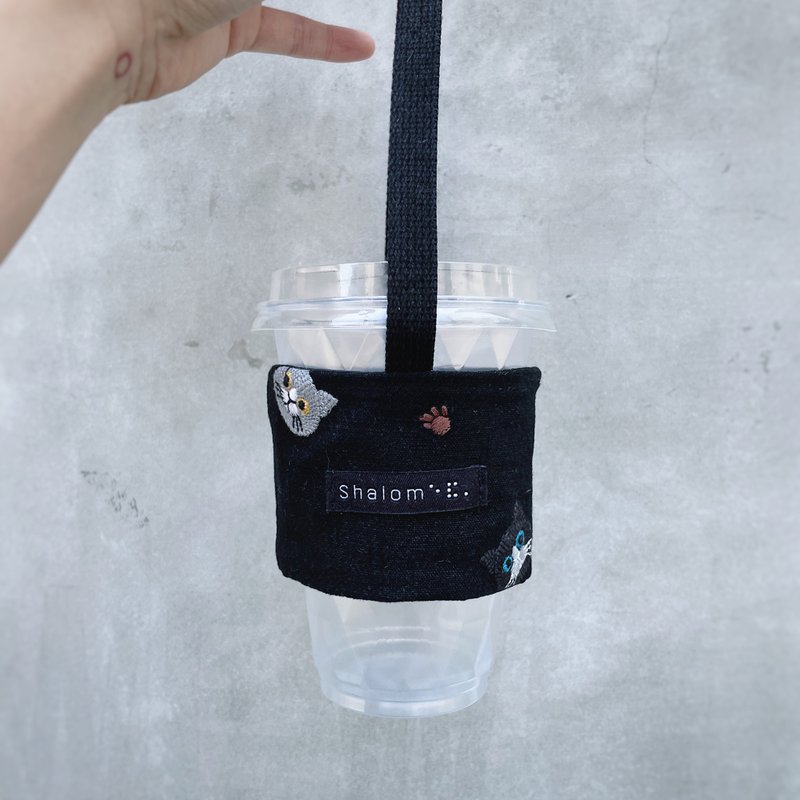 貓刺繡(手作環保杯套)環保杯套/手提環保杯套/環保袋 - 飲料提袋/杯套 - 棉．麻 