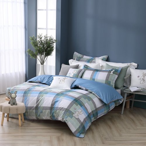 家適居家寢飾生活館 床包兩用被組-100%精梳棉-嘉年華-藍-羅伯兔-台灣製造