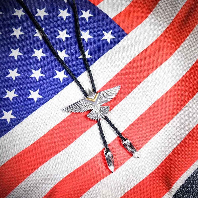 Defending Eagle Paul Tie Bolo Tie Genuine Leather Necklace Leather Rope Tie Long Necklace - Ties & Tie Clips - Faux Leather Silver