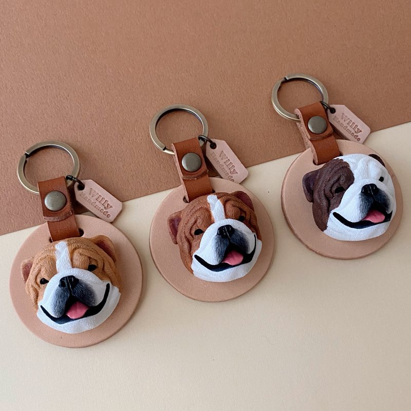 Q version of British Bulldog leather key ring / two styles [free engraving English characters] - ที่ห้อยกุญแจ - เรซิน สีนำ้ตาล