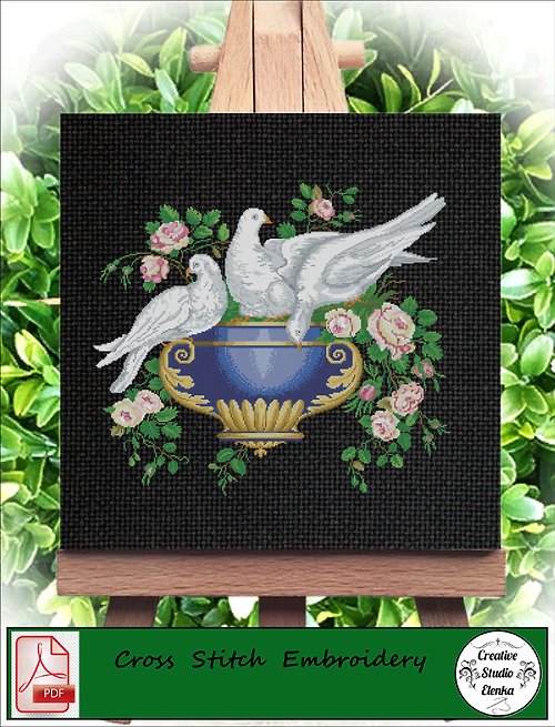 CreativeStudioElenka Vintage Cross Stitch Scheme Pigeons - PDF Embroidery Scheme
