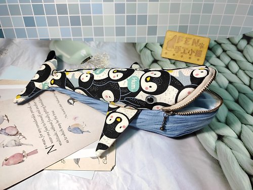 FEN手工小鋪 海洋生物袋物系列-用企鵝布訂作手作鯨魚款筆袋-鯨魚筆袋-鯨魚包