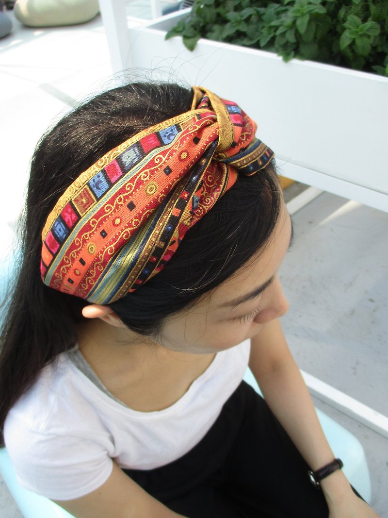 交叉髮帶(鬆緊手工)-尼泊爾-橘 - 髮飾 - 棉．麻 多色