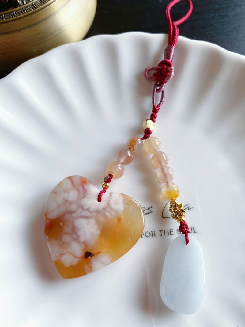 Sakura agate love water flower natural stone gift design mobile phone chain bag hanging long - เชือก/สายคล้อง - คริสตัล สีส้ม