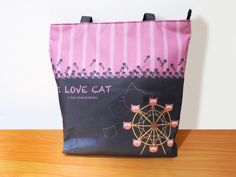 Contrast color cat water repellent zipper tote bag-pink gray - Messenger Bags & Sling Bags - Waterproof Material Multicolor