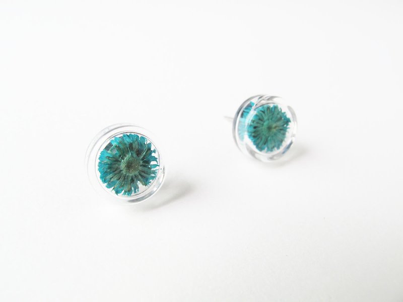 * Rosy Garden * Dried flowers lake green Anaphalis sinica round glass earring - Earrings & Clip-ons - Glass Green