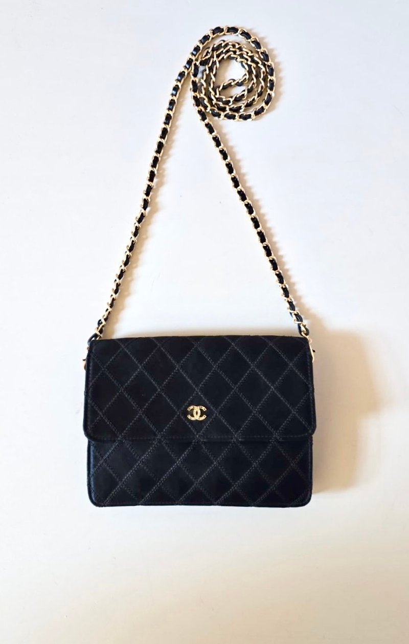 中古包 Chanel絲絹閃鑽黑金盒子包 斜背包 單肩包 側背包 二手包 - 側背包/斜背包 - 真皮 黑色