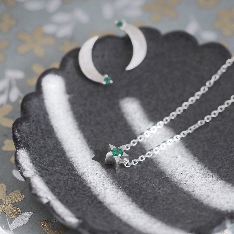 2コset) emerald 星 & 三日月 ネックレス ピアス セット シルバー925 - 項鍊 - 其他金屬 綠色