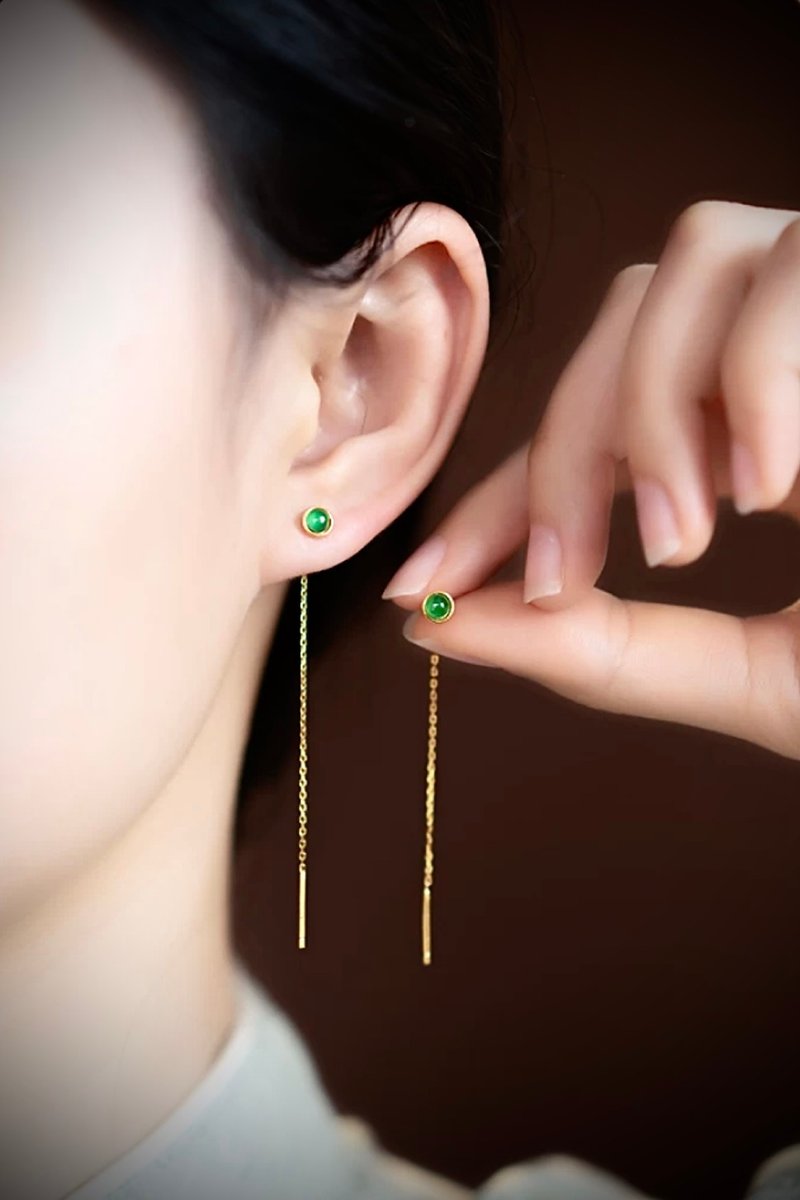 C&W s925 sterling silver 14k gold simple and elegant natural exquisite emerald green jade elegant ear wire - ต่างหู - หยก สีทอง