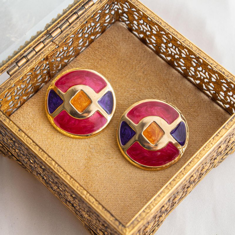 美國古董 1980年代三色幾何琺瑯 大圓耳針 - 耳環/耳夾/耳骨夾 - 其他金屬 多色