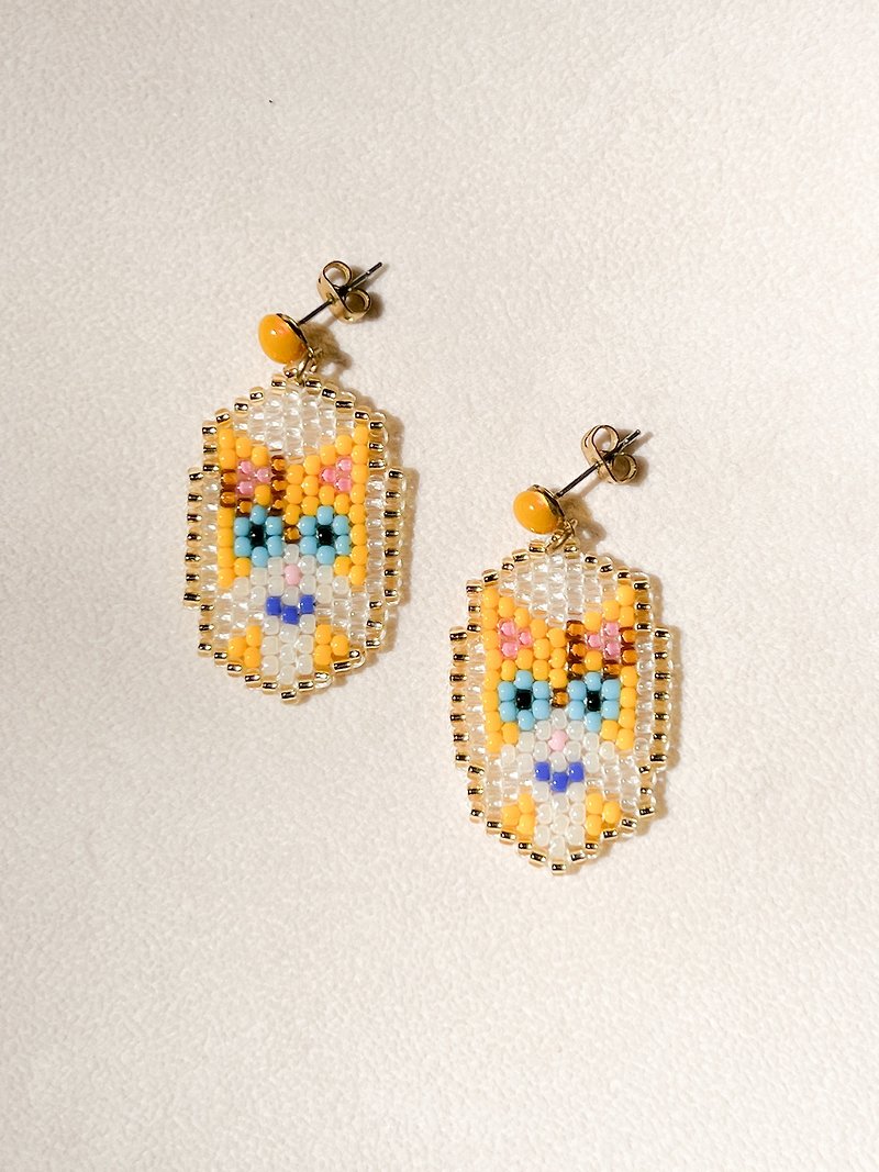 Cat beaded Earring - cat frame yellow earring - Earrings & Clip-ons - Precious Metals Orange