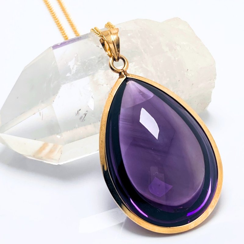 30mm Solid Amethyst K18 K18GP Natural Stone Pendant Necklace - Rolled L - Necklaces - Stone Purple