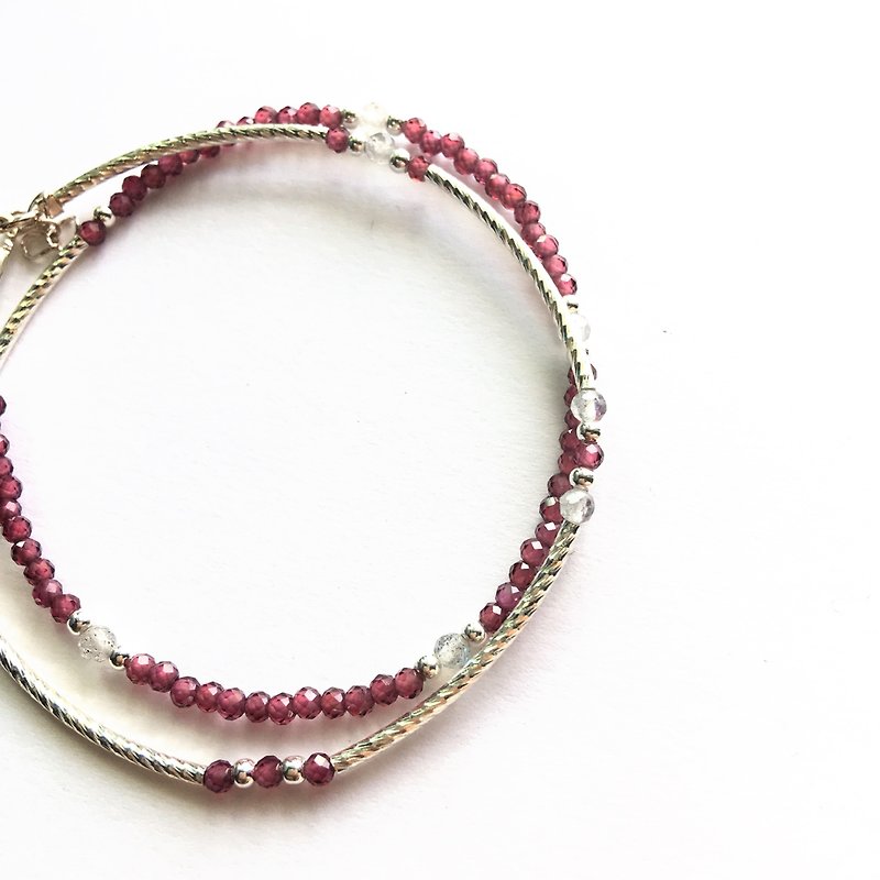 Red Stone thin tube with elongated stone silver double circle bracelet - Bracelets - Sterling Silver Red