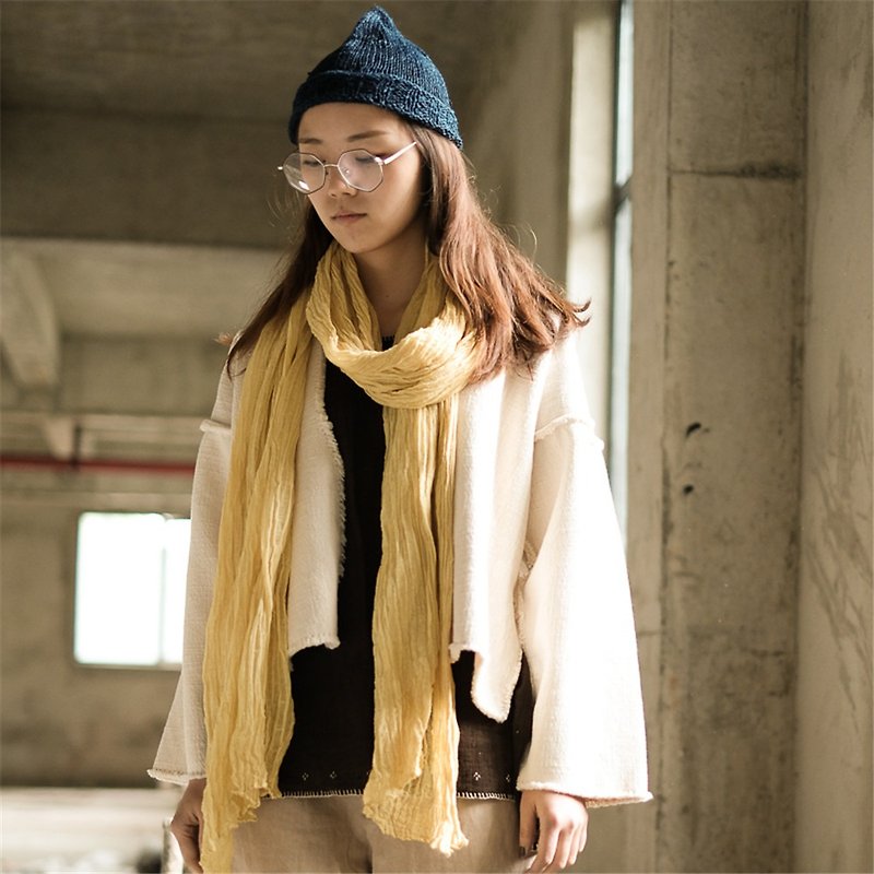 The meaning of travel lemon yellow 6-color natural Linen plant dyed blue dyed Linen scarf can be used as shawl scarf - ผ้าพันคอถัก - ผ้าฝ้าย/ผ้าลินิน สีเหลือง