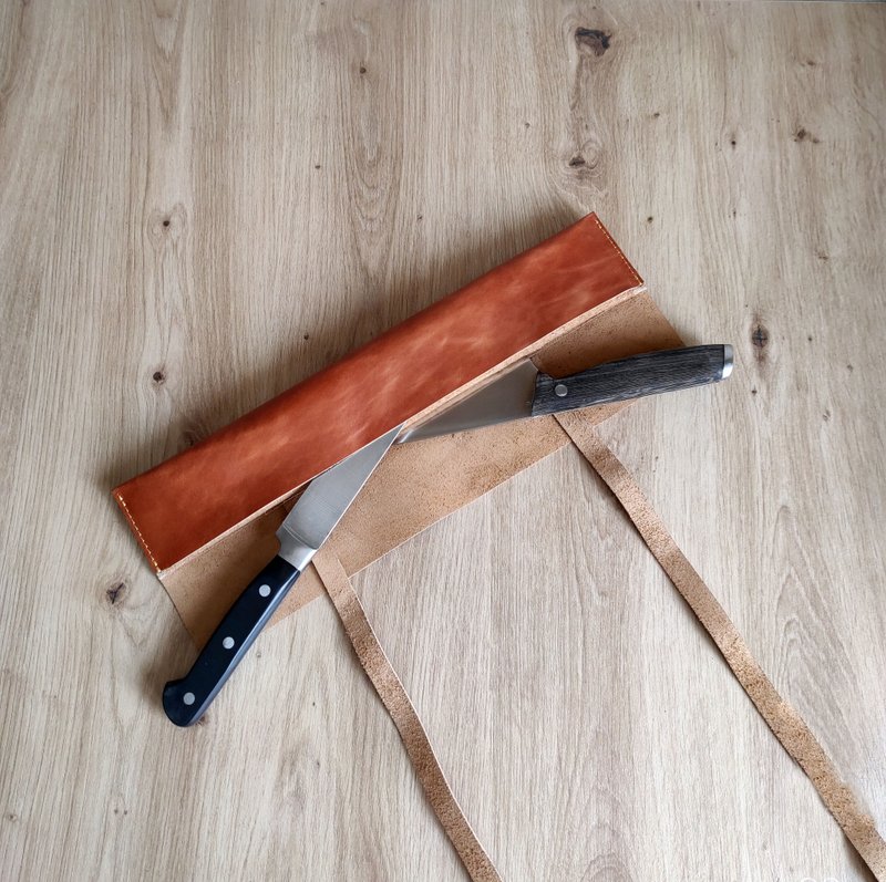 Personalized leather roll for 2 knives, leather knife roll, leather knife sheath - 菜刀/刀架 - 真皮 多色