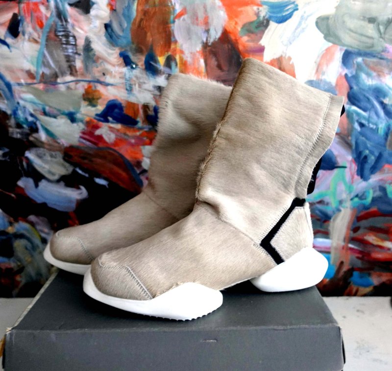 全新38.5號 Rick Owens X Adidas杏色馬毛真皮襪子長靴高筒鞋波鞋 - 女短靴/中筒靴 - 真皮 卡其色