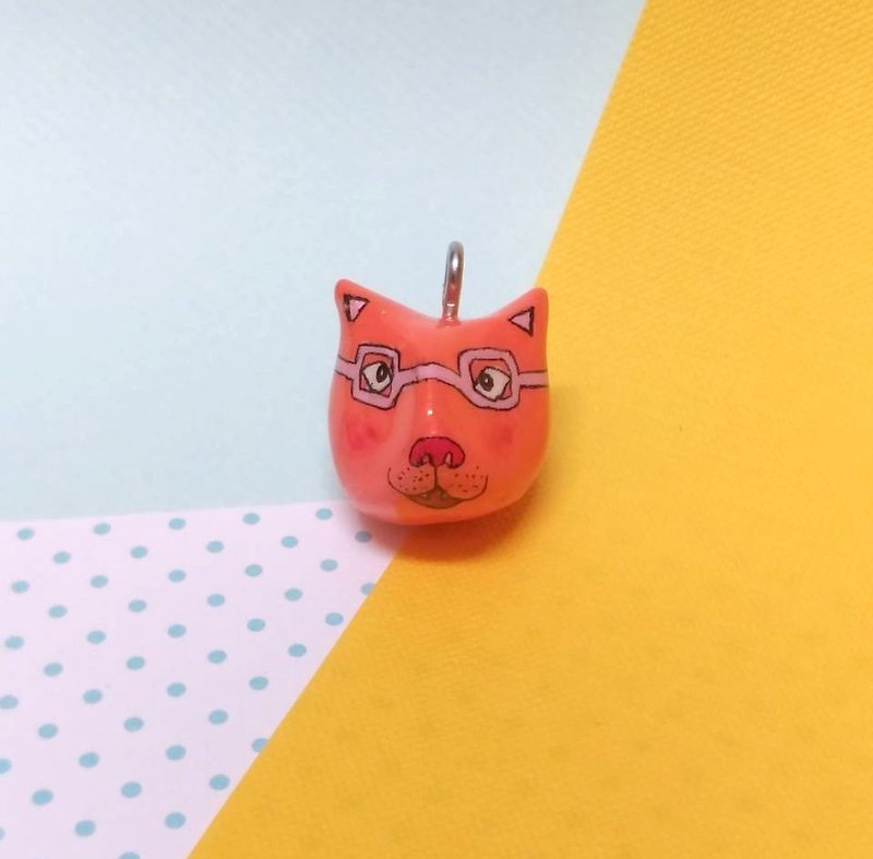 Hand-made McGee fried leather necklace / bronze lock ring ├ animal series - glasses cat cat head ├MKAC - Necklaces - Clay 