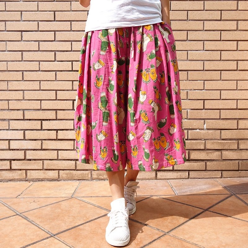 Woman culottes free size pink Buddha hands - Women's Pants - Cotton & Hemp Pink