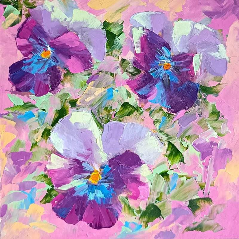Pansies Painting Floral Original Art Impasto Oil Painting Flowers Artwork - Posters - Wood Purple