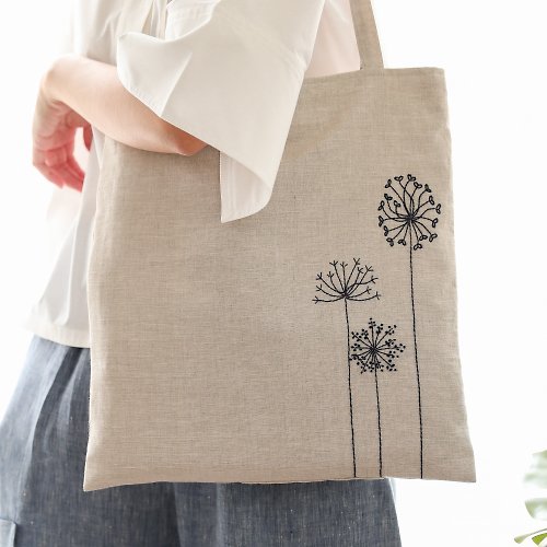 Candith Natural linen tote bag hand embroidery bag Shopping bag - Beige with blue floral