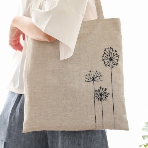 Candith Natural linen tote bag hand embroidery bag Shopping bag - Beige with blue floral