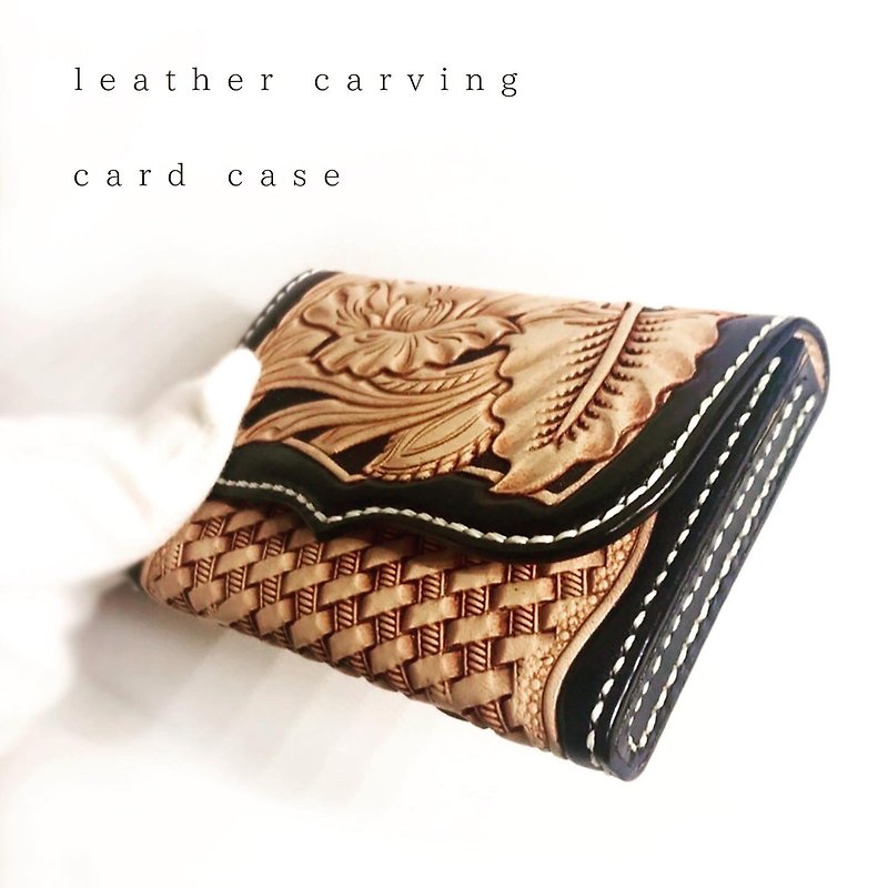 Business card case/leather card case/leather carving/leather business card case/carving/leather accessories - Card Holders & Cases - Genuine Leather Black