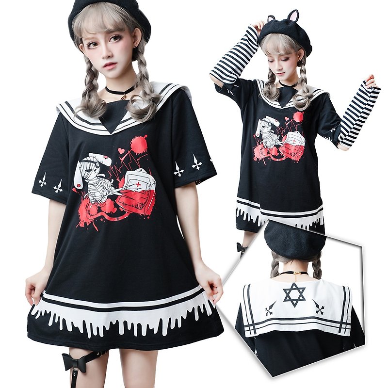 Lolita harajuku anime lunatic rabbit nurse sleevelet sailor collar dress【JJ2217】 - Women's T-Shirts - Cotton & Hemp Black