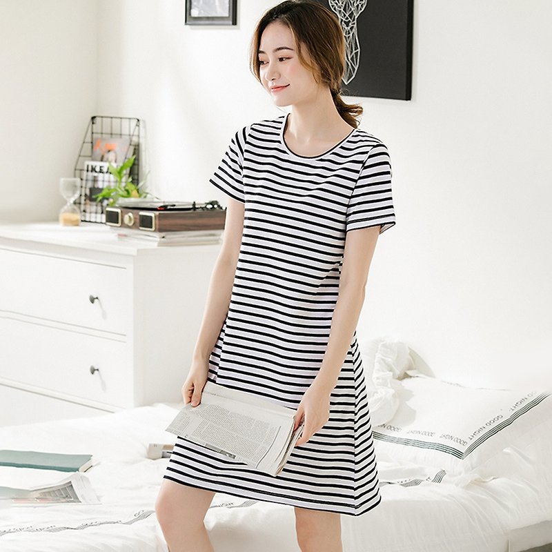 Pink Lady cup-style super soft modal striped short-sleeve nightdress loungewear - Women's Vests - Other Man-Made Fibers Black