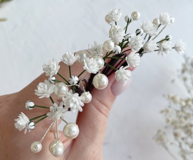 Babys breath hair pins Flower pearl hair piece Floral wedding