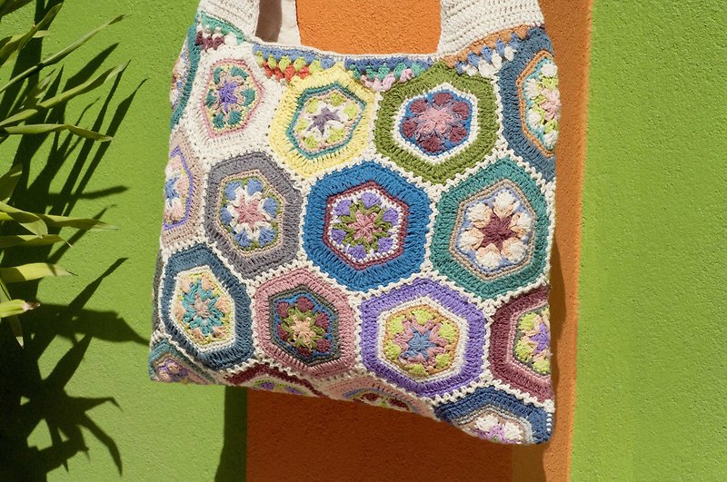 Handmade crochet side backpack shoulder bag Tote bag Messenger Bag - French Flower Forest - Messenger Bags & Sling Bags - Cotton & Hemp Multicolor