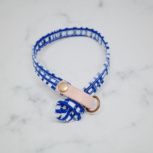 Michu Pet Collars #美珠手作 [限量] 貓 項圈 日本北歐手繪風 藍白 格紋 日本布+植鞣皮 貓咪 雙面設計 不規則
