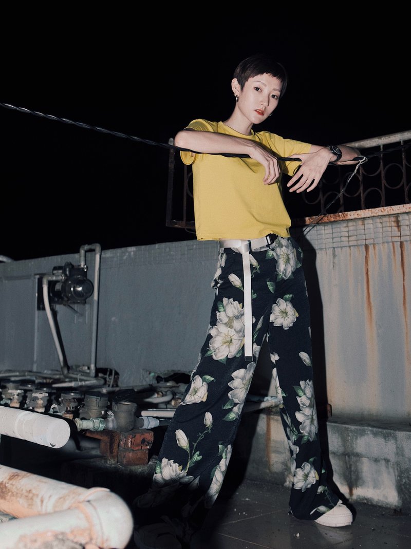 福.印花高腰落地長褲 - 女長褲 - 聚酯纖維 黑色