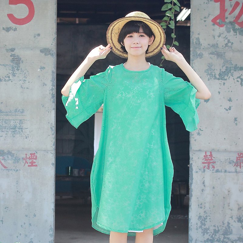 lake green color dress - ชุดเดรส - ผ้าฝ้าย/ผ้าลินิน สีเขียว