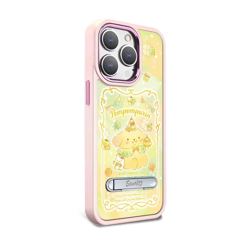 三麗鷗iPhone15 14系列軍規防摔鋁合金立架手機殼-茶會布丁狗 - 手機殼/手機套 - 其他材質 多色