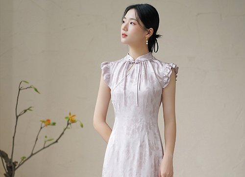 初蟬 新中式復古中國風 醋酸提花荷葉袖改良洋裝