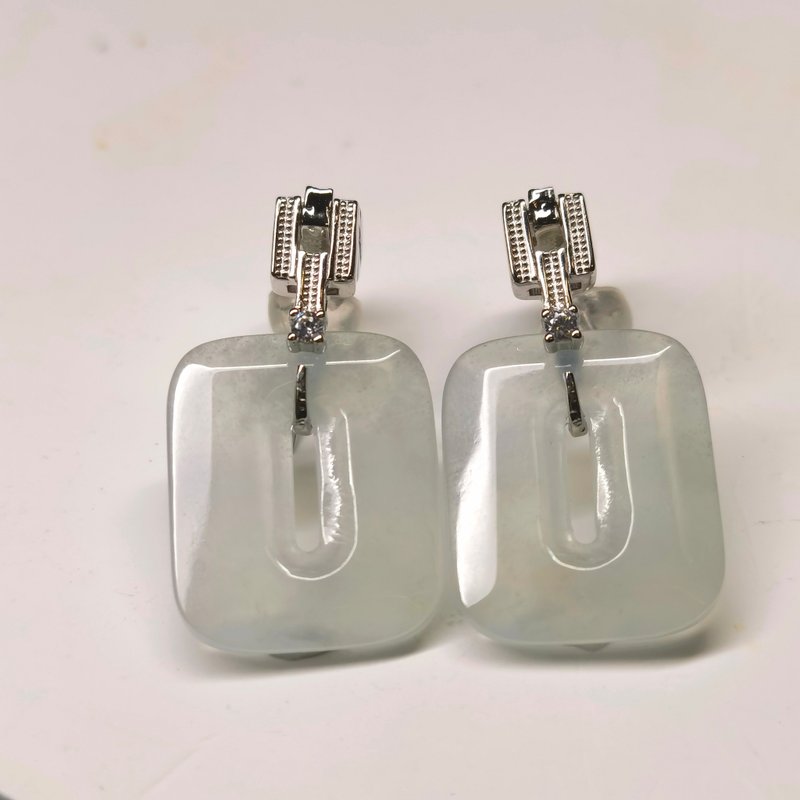 Silver Collection - Icy white jadeite rectangular frame silver earrings - Earrings & Clip-ons - Jade 