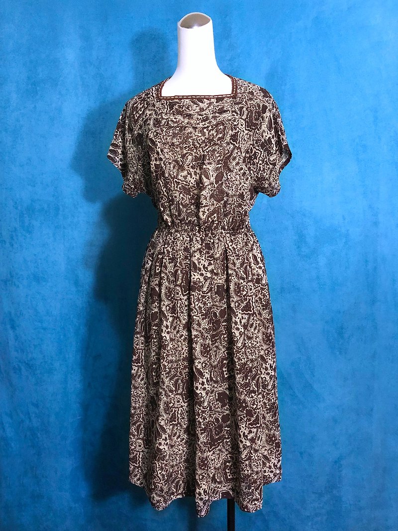 方領版畫花朵短袖古著洋裝/ 國外帶回 VINTAGE - 洋裝/連身裙 - 聚酯纖維 咖啡色