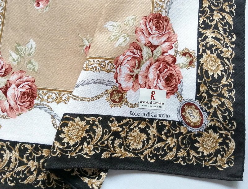 Roberta di Camerino Vintage Scarf Roses Gift for Her 22.5 x 22 inches - 絲巾 - 棉．麻 卡其色