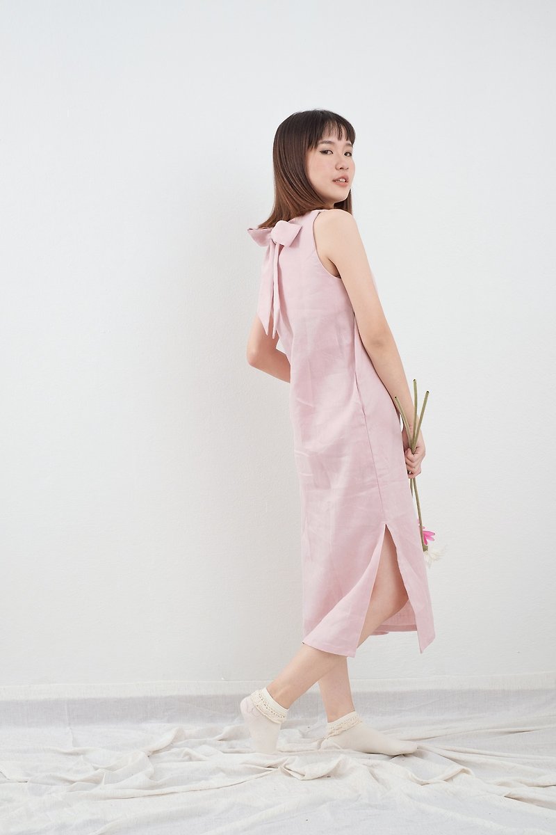 Milky Pink Big Bow Linen Dress - One Piece Dresses - Linen Pink