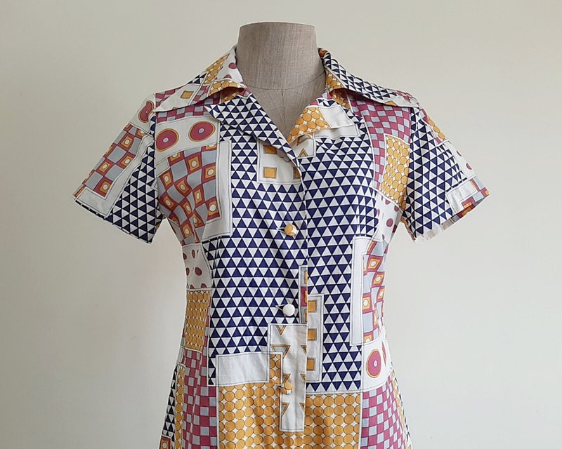 Vintage Geometric Print Dress - One Piece Dresses - Cotton & Hemp Blue